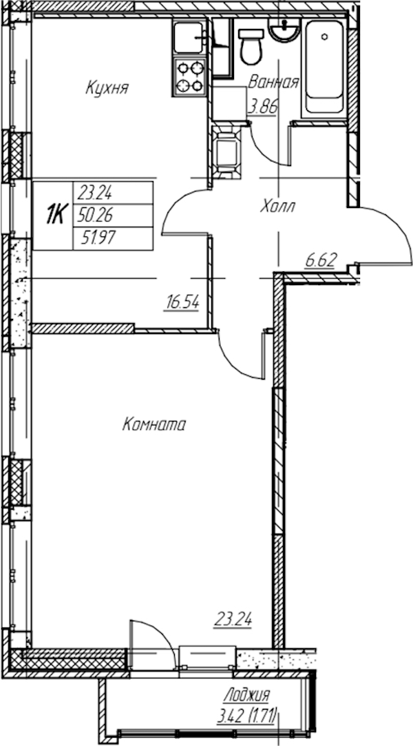 1-комнатная квартира 51.97 м², 4/22 эт., ЖК «Парк-квартал Юнтолово»
